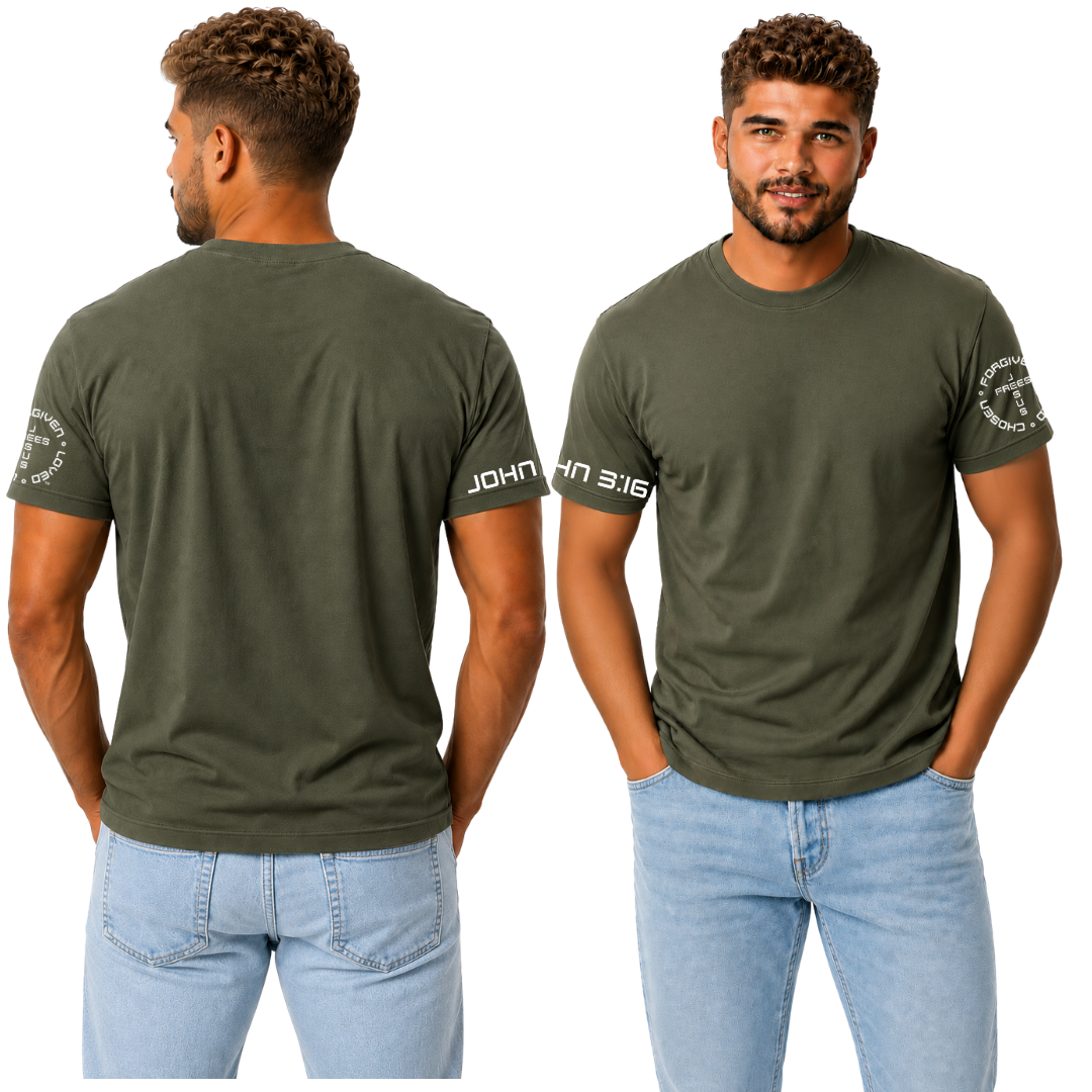 Jesus Frees - G20 Military Green Ultra Cotton Men's T-Shirt - Font 49 White