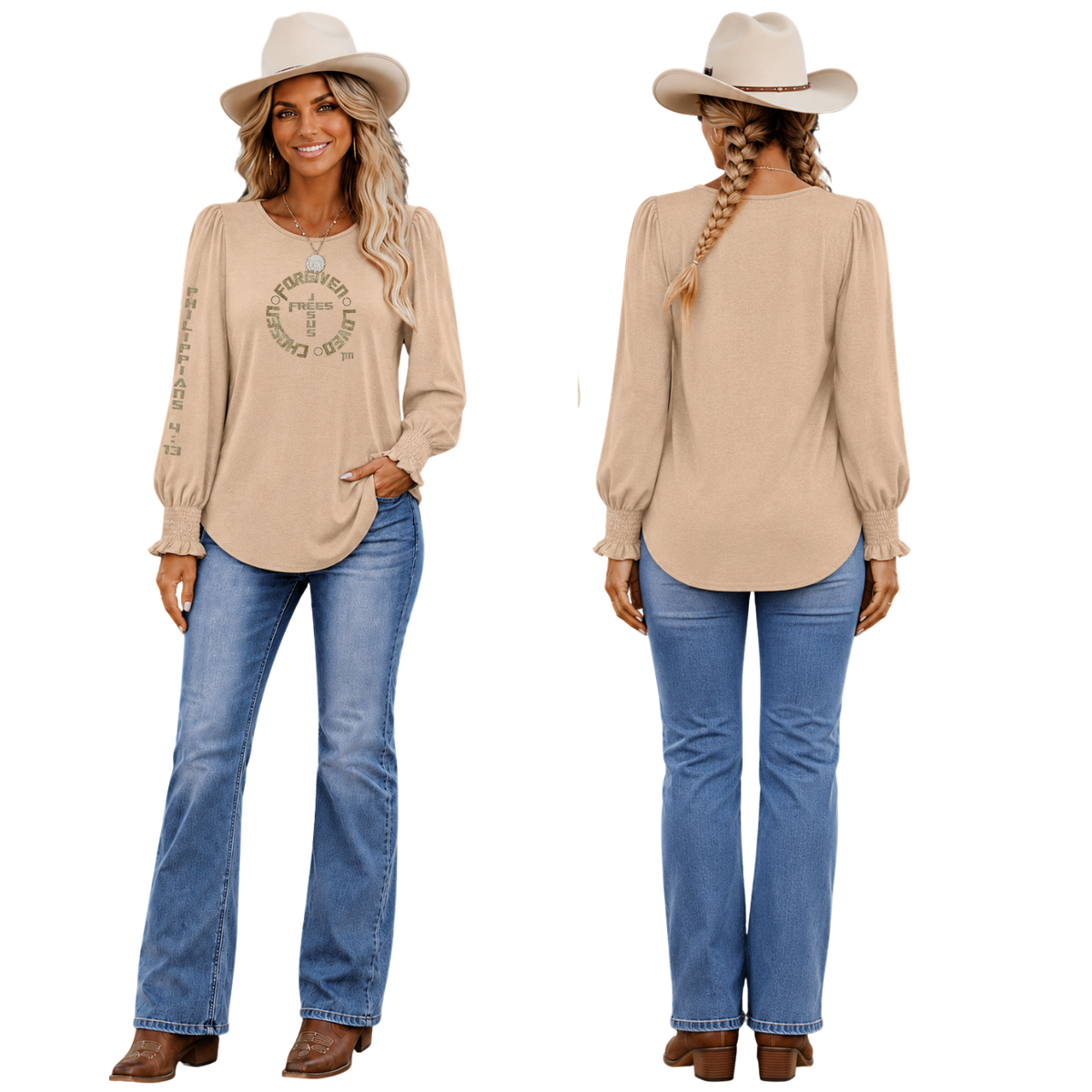 Jesus Frees™ Apparel | Women's Long Sleeve Scripture Shirt | Font 153 Gold with Glitter | XD