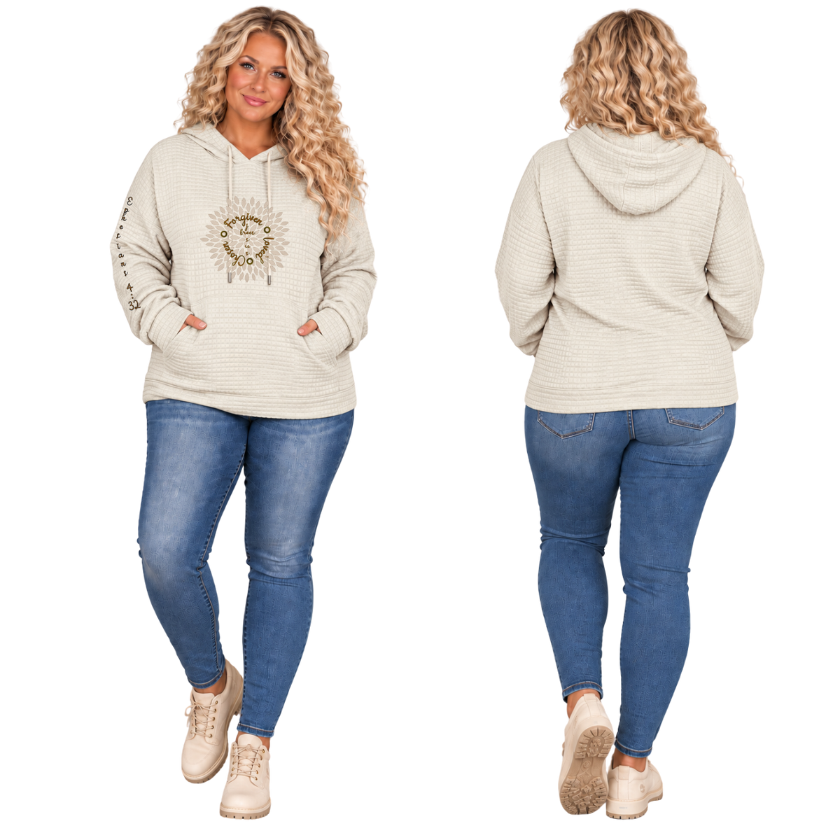 Jesus Frees™ Apparel | Women’s Plus Size Oatmeal Waffle Scripture Hoodie | Font 143