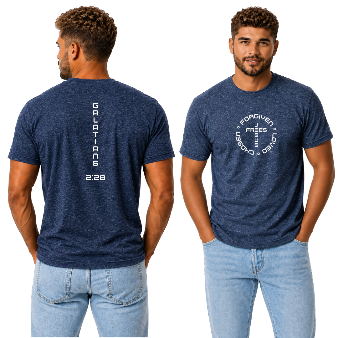 Jesus Frees - G20 Heather Indigo Ultra Cotton Men's T-Shirt - Font 49 White