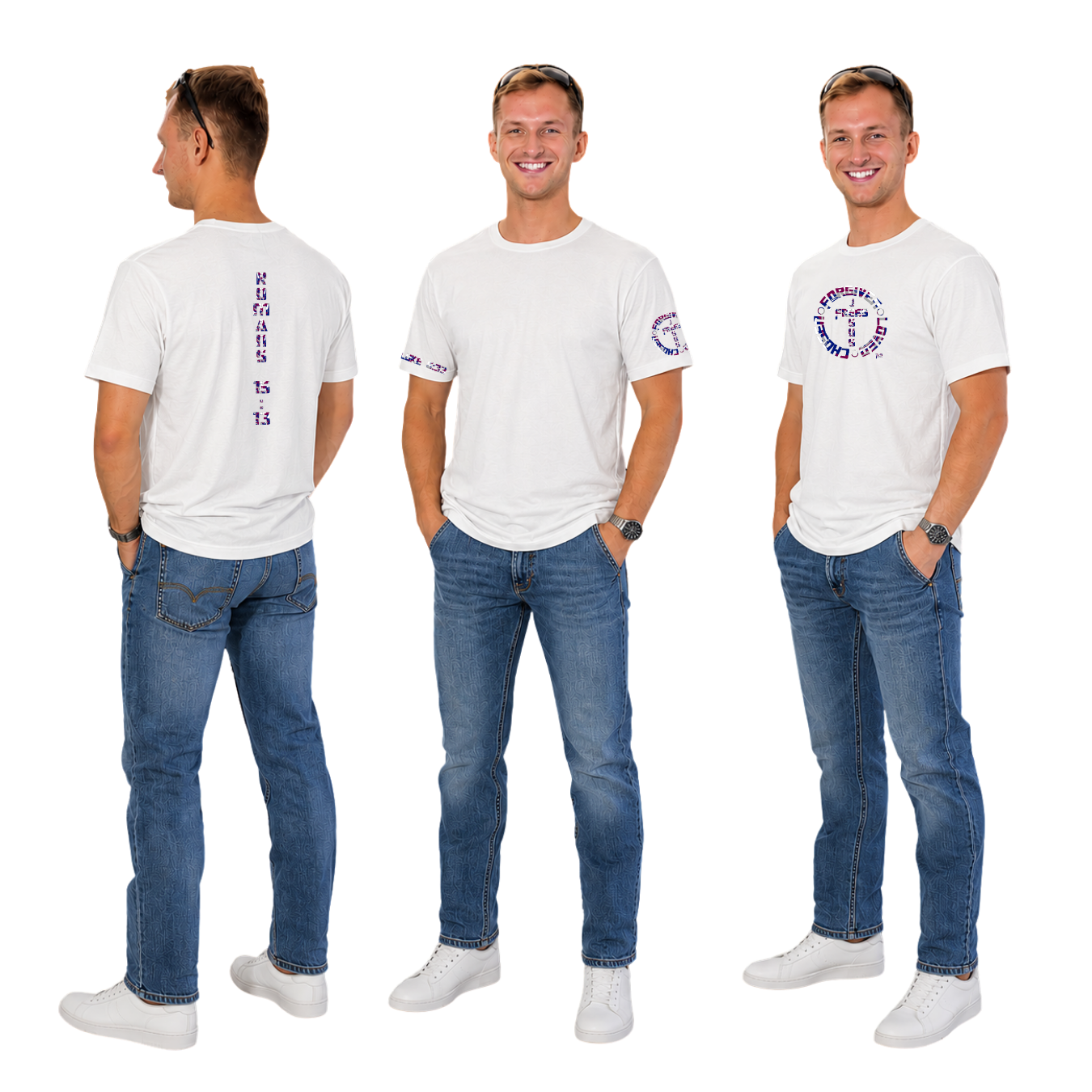 Jesus Frees - G64 Soft Style White Cotton T-Shirt - Font 153 Burgundy Blue Gray White