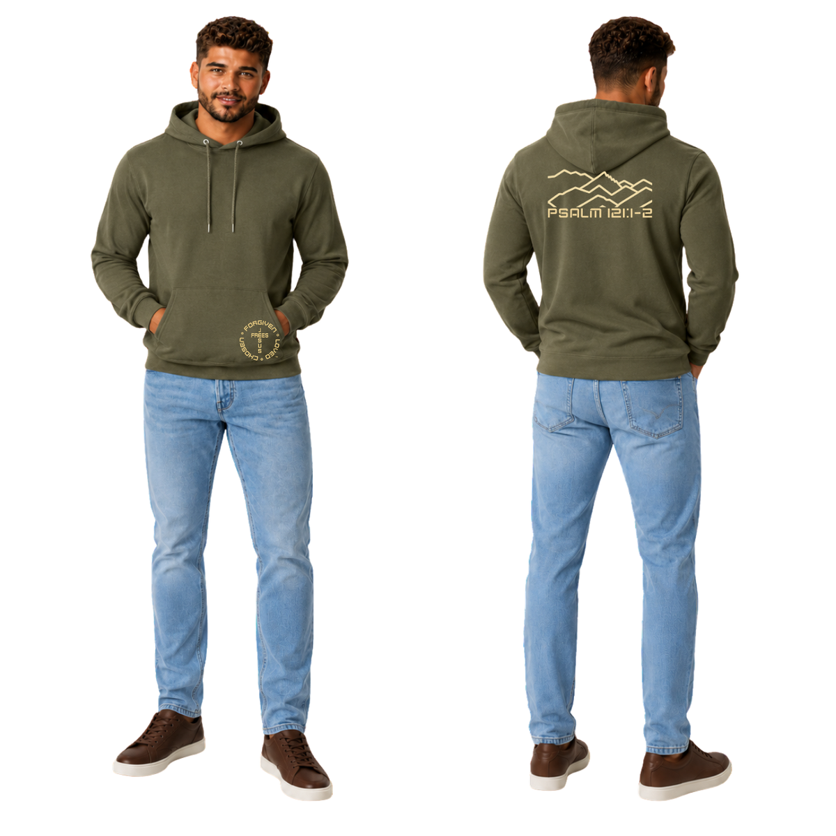 Jesus Frees™ Apparel | Men’s Military Green Scripture Hoodie | Montana Bridger Mountains | 50/50