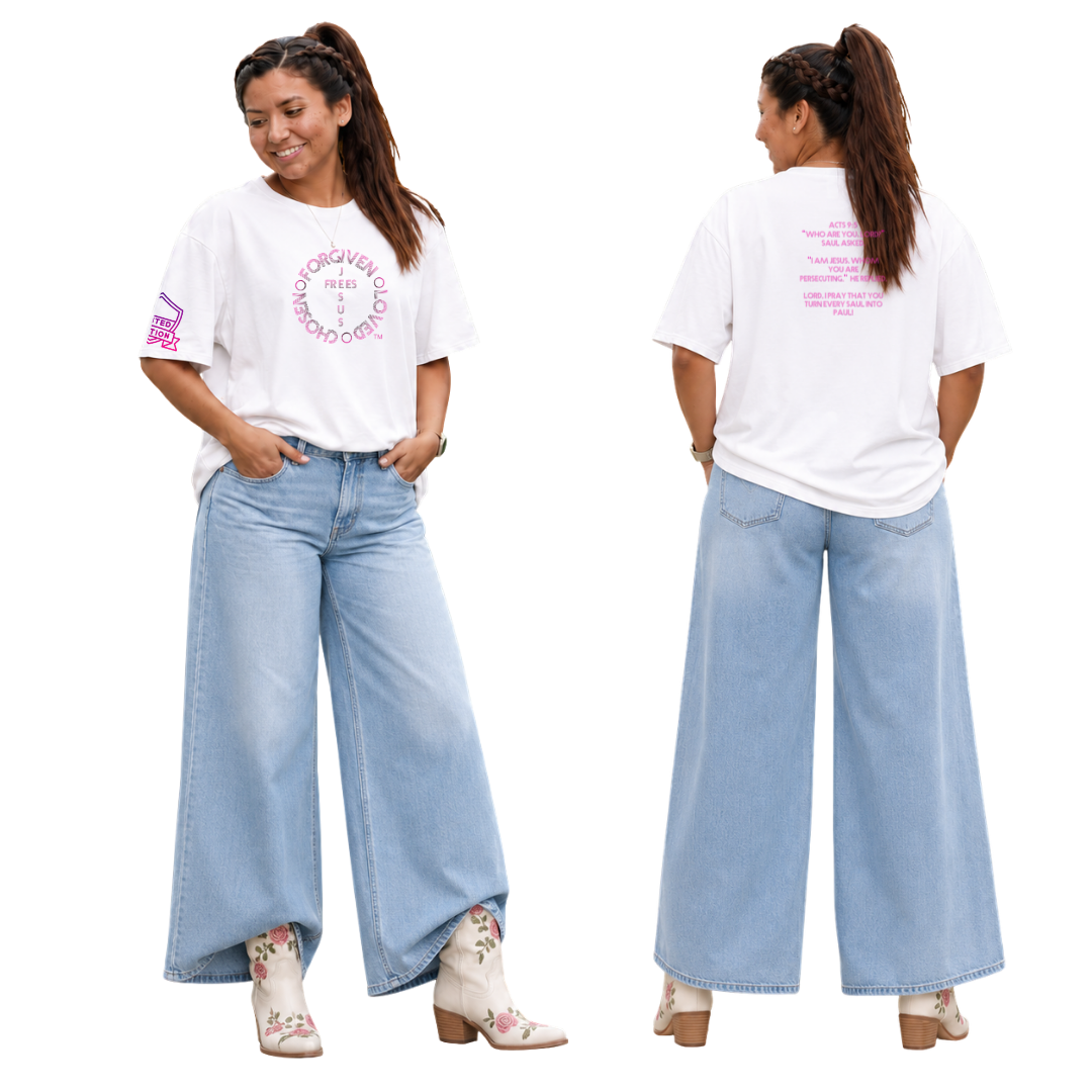 Jesus Frees - SICU Oversized Short Sleeve Women's Shirt - For the Bold & Courageous - Acts 9:5 + Prayer Font 122 Pink