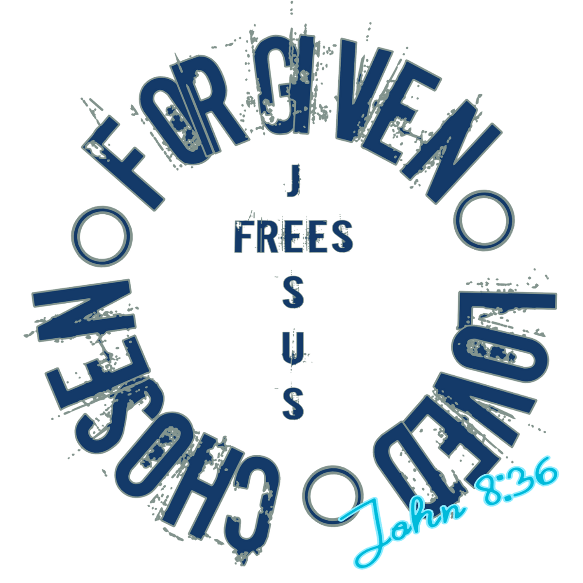 Jesus Frees™ Apparel | G64 Men's White Cotton Christian Tee | Free-Chosen-Forgiven-Loved | Font 60 Navy