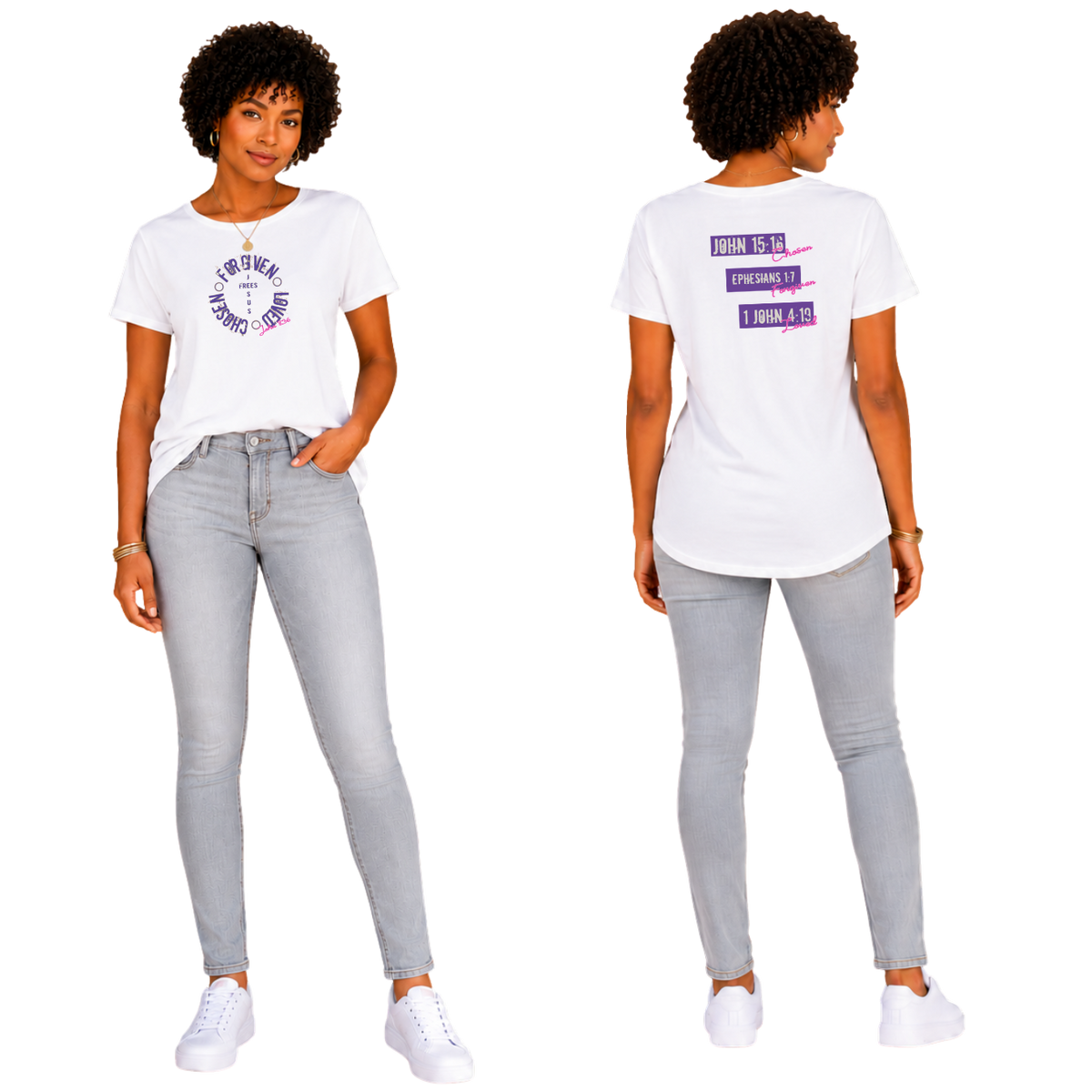 Jesus Frees™ Apparel | G64 Women's Soft Style White Cotton T-Shirt | Free-Chosen-Forgiven-Loved | Font 60 Purple
