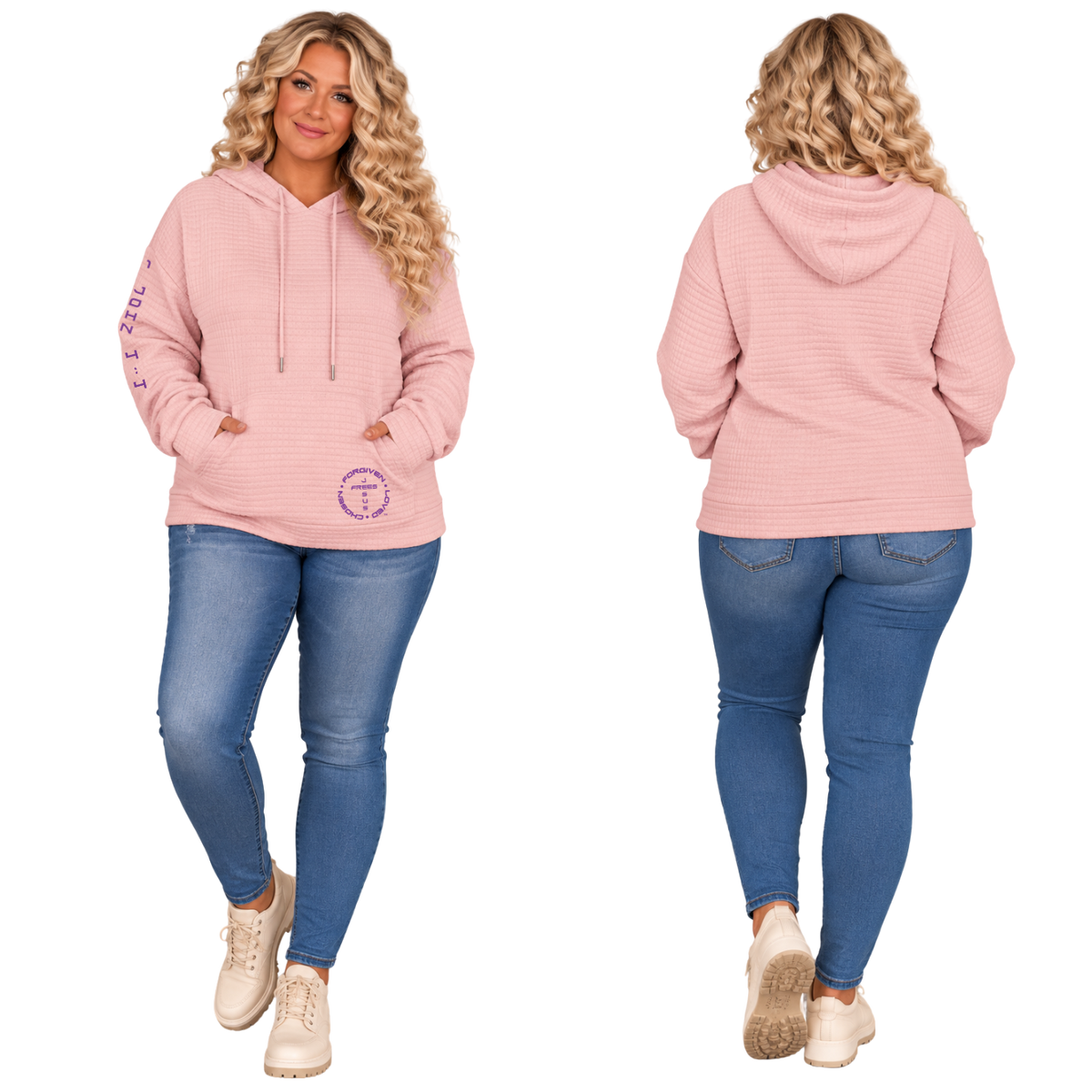 Jesus Frees™ Apparel | Women’s Plus Size Pink Waffle Scripture Hoodie | Font 143
