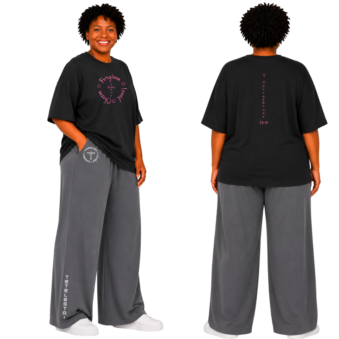 Jesus Frees - SICU Oversized Short Sleeve Women's Shirt - Font 223 Fuchsia Light Tips - 1 Corinthians 13:4