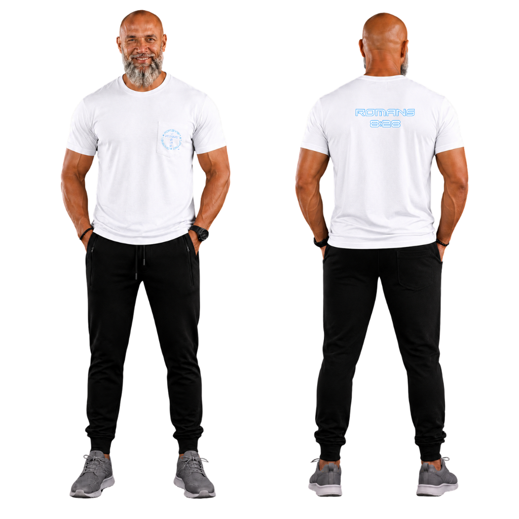 Jesus Frees - HP Pocket Cotton Men's T-Shirt - Font 143 White with Blue Outline