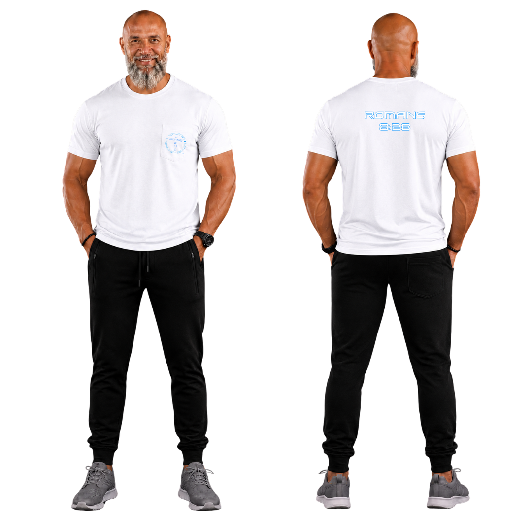 Jesus Frees - HP Pocket Cotton Men's T-Shirt - Font 143 White with Blue Outline
