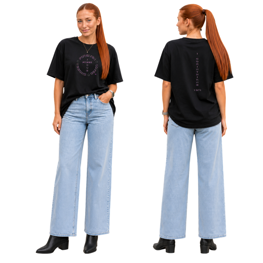 Jesus Frees - SICU Oversized Short Sleeve Women's Shirt - 1 Corinthians 13:4 - Font 126 Pink & Black