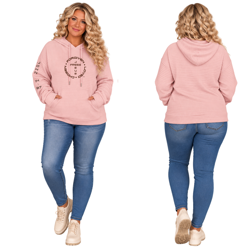 Jesus Frees™ Apparel | Women’s Plus Size Pink Waffle Scripture Hoodie | Font 143