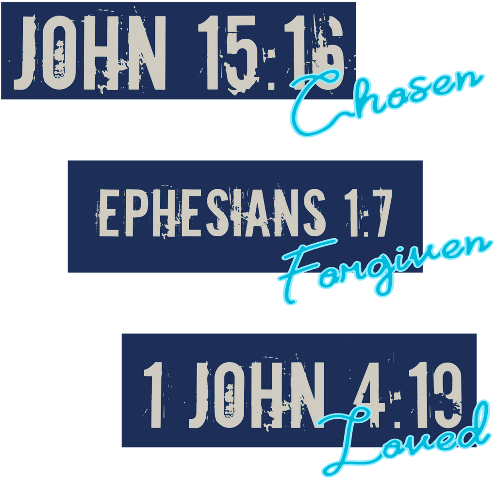 Jesus Frees™ Apparel | G64 Men's White Cotton Christian Tee | Free-Chosen-Forgiven-Loved | Font 60 Navy