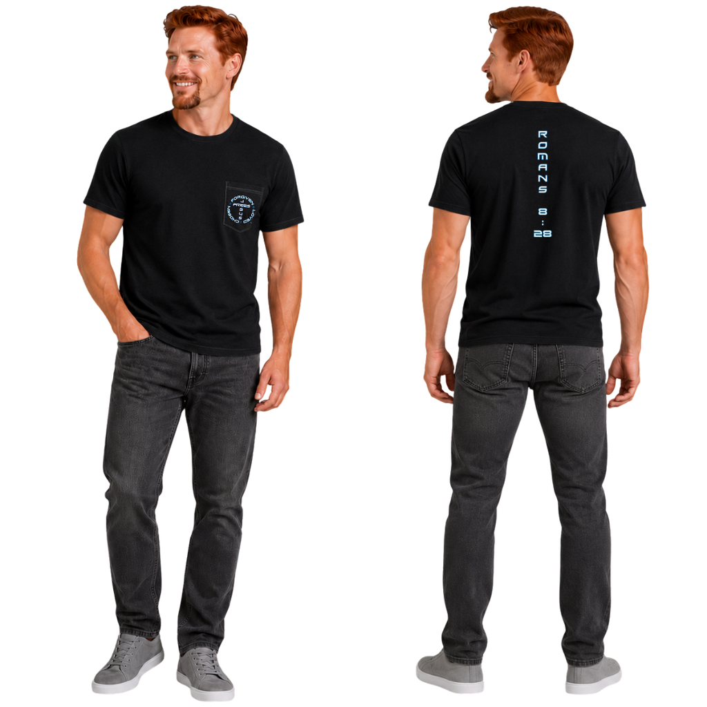 Jesus Frees - HP Pocket Cotton Men's T-Shirt - Font 143 White with Blue Outline