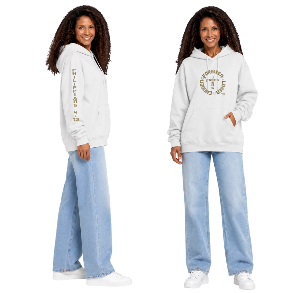Jesus Frees™ Apparel | Women’s Scripture Hoodie | Font 153 Gold
