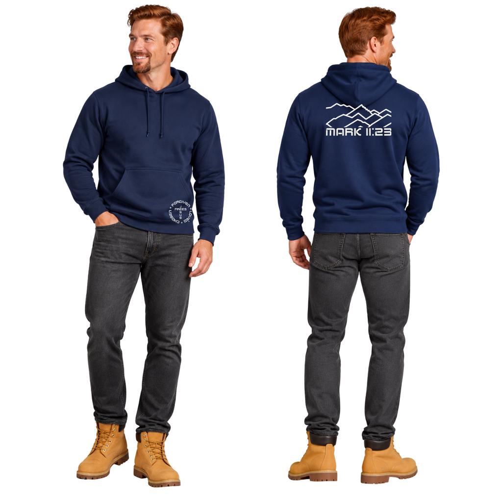 Jesus Frees™ Apparel | Men’s Navy Scripture Hoodie | Montana Bridger Mountains | 50/50