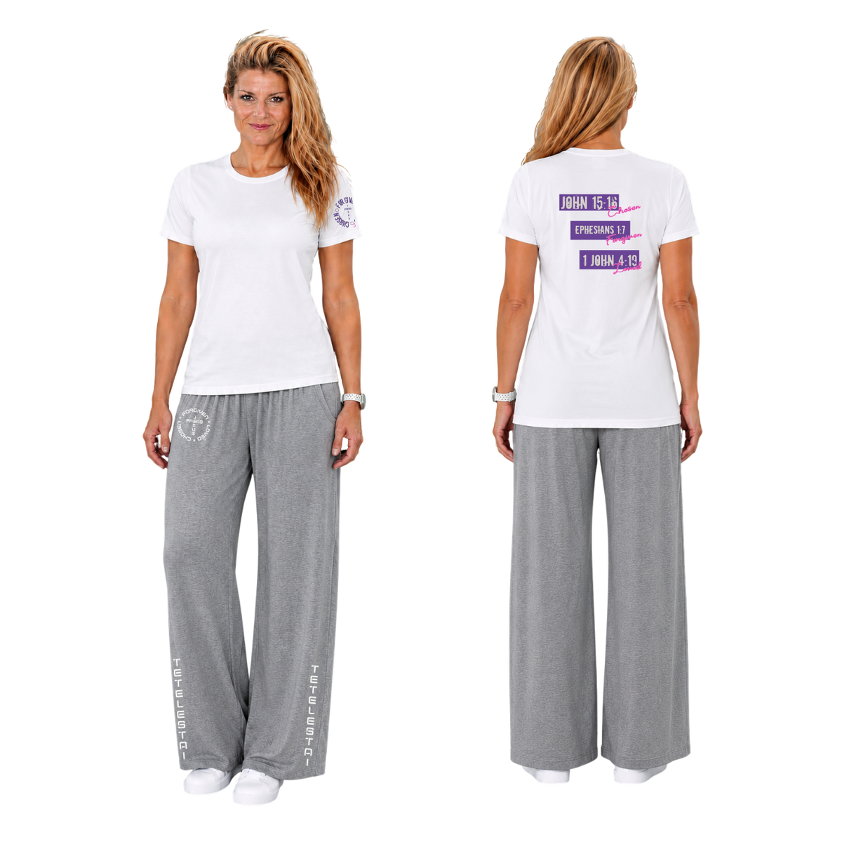 Jesus Frees™ Apparel | G64 Women's Soft Style White Cotton T-Shirt | Free-Chosen-Forgiven-Loved | Font 60 Purple