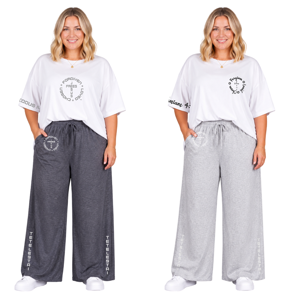 Jesus Frees™ Apparel | Women’s Plus Size Wide Leg Scripture Pants | Font 49 White | Neer Heather