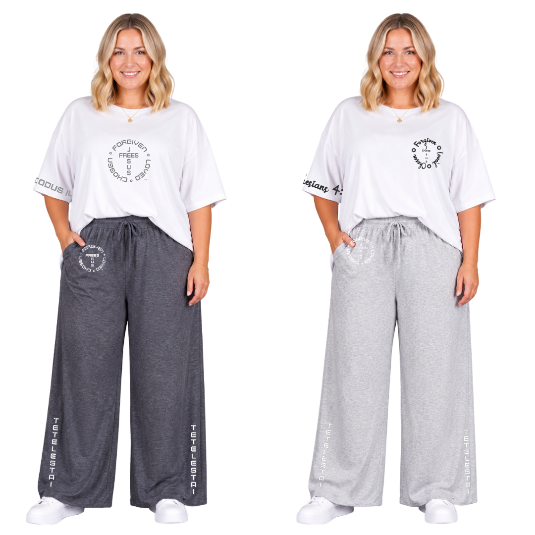 Jesus Frees™ Apparel | Women’s Plus Size Wide Leg Scripture Pants | Font 49 White | Neer Heather