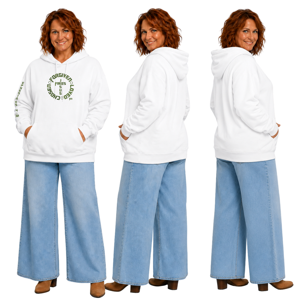 Jesus Frees™ Apparel | Women’s Scripture Hoodie | Font Green Sparkle 153