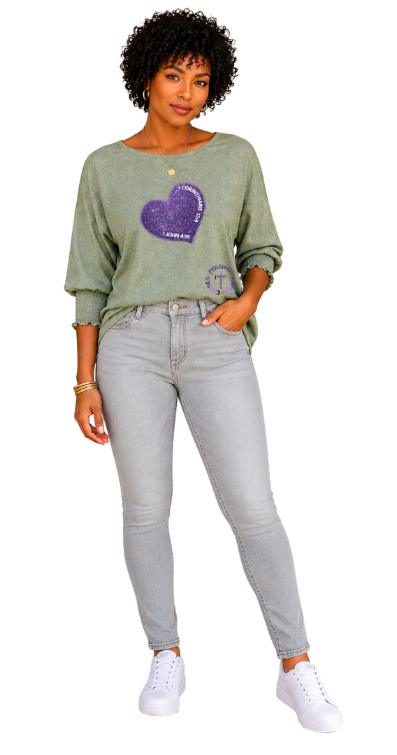 Jesus Frees - DK Women's Boat Neckline 3/4 Elastic Cuff - Hearts - Green Pastel