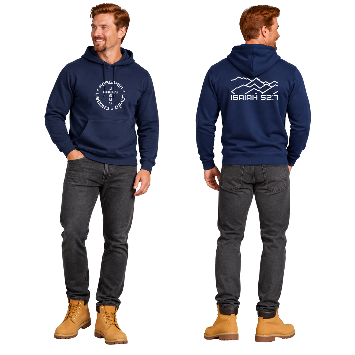 Jesus Frees™ Apparel | Men’s Navy Scripture Hoodie | Montana Bridger Mountains | 50/50
