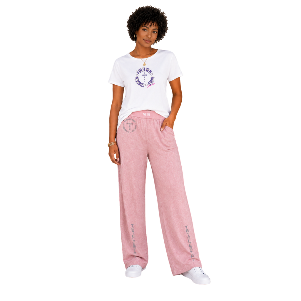 Jesus Frees™ Apparel | G64 Women's Soft Style White Cotton T-Shirt | Free-Chosen-Forgiven-Loved | Font 60 Purple