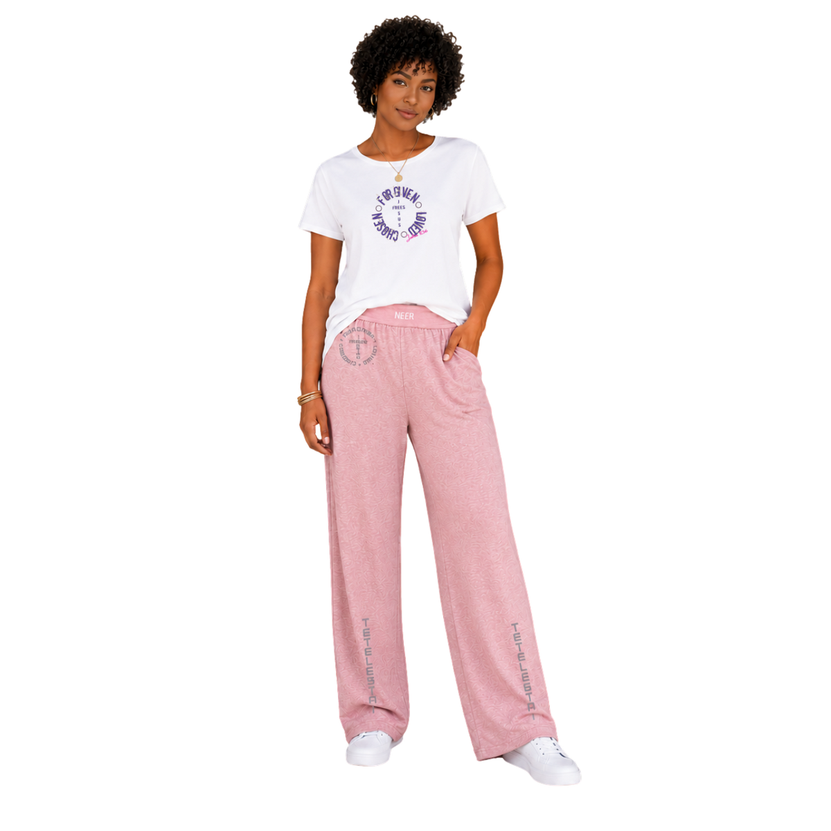 Jesus Frees™ Apparel | G64 Women's Soft Style White Cotton T-Shirt | Free-Chosen-Forgiven-Loved | Font 60 Purple