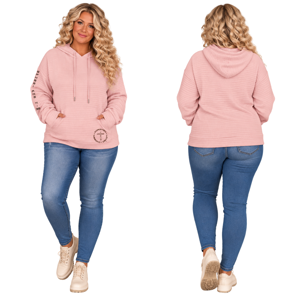 Jesus Frees™ Apparel | Women’s Plus Size Pink Waffle Scripture Hoodie | Font 143