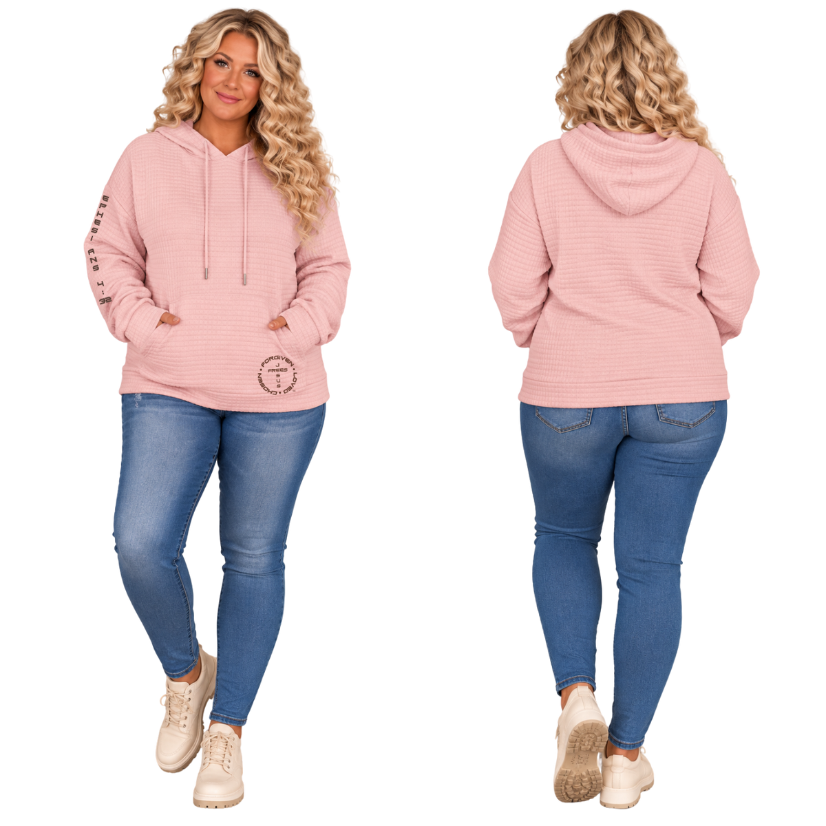 Jesus Frees™ Apparel | Women’s Plus Size Pink Waffle Scripture Hoodie | Font 143