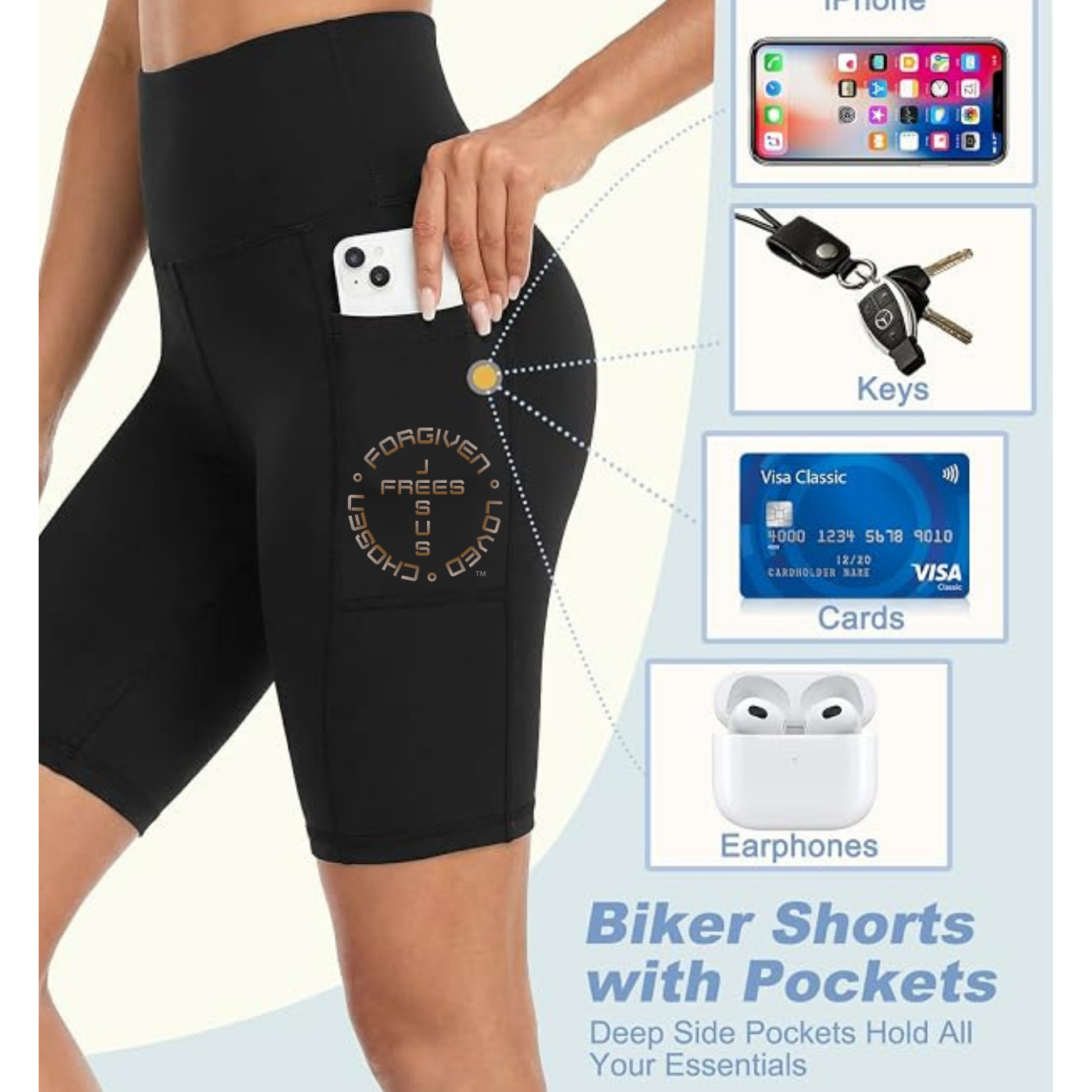 Jesus Frees - Women's 8" High Waisted Biker Shorts with Pockets - Font 49 Fade