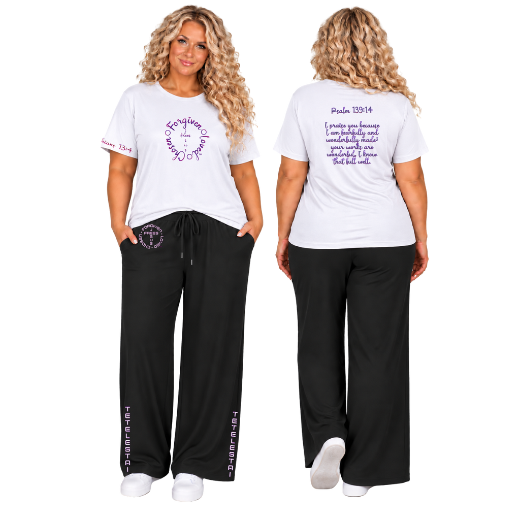 Jesus Frees™ Apparel | Women’s Plus Size Black Wide Leg Scripture Pants | Font 49 Fade | Neer