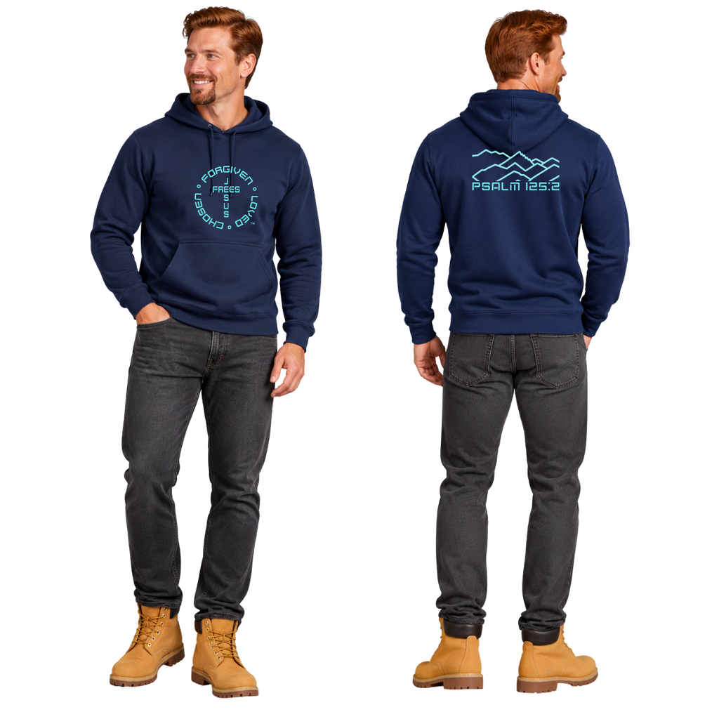 Jesus Frees™ Apparel | Men’s Navy Scripture Hoodie | Montana Bridger Mountains | 50/50