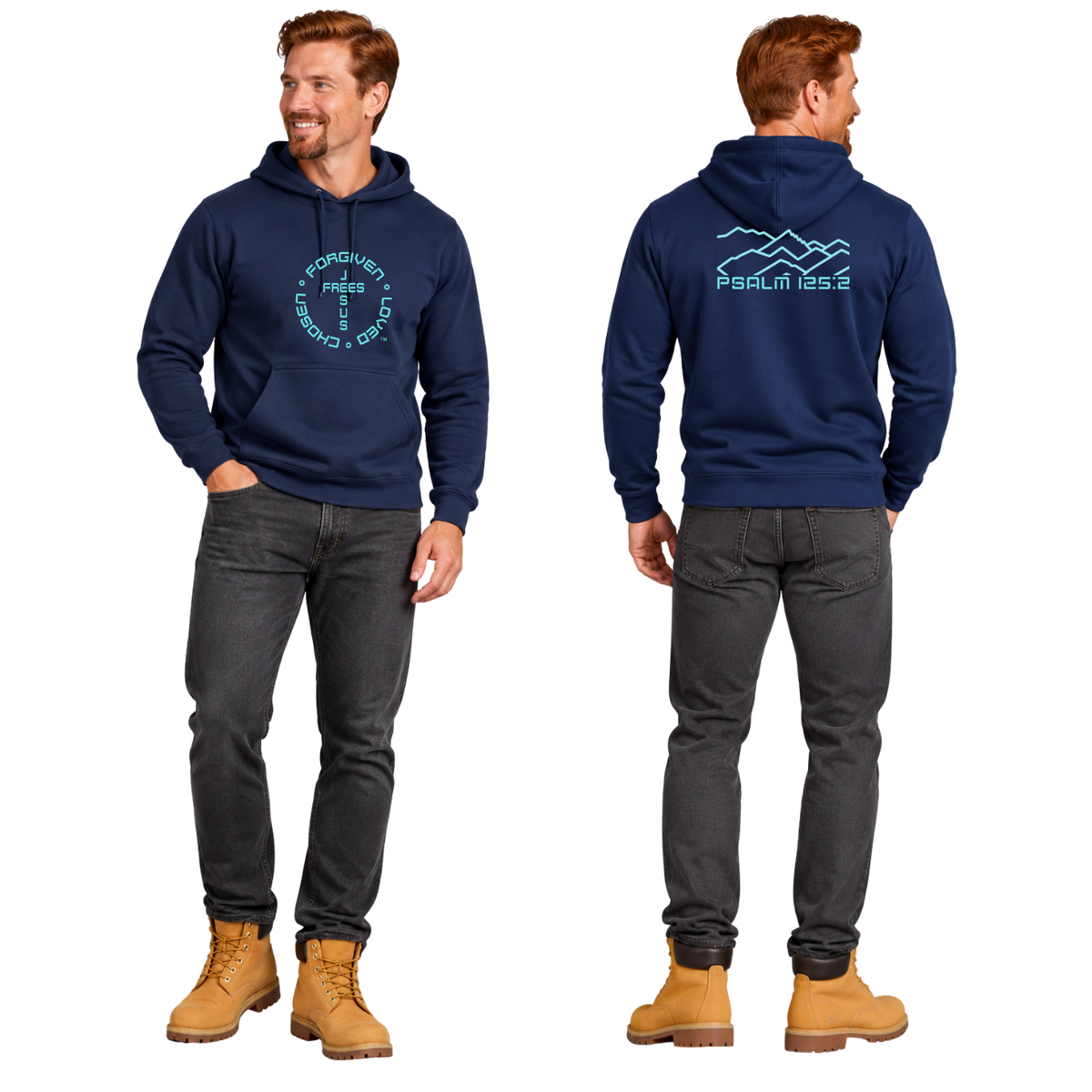 Jesus Frees™ Apparel | Men’s Navy Scripture Hoodie | Montana Bridger Mountains | 50/50