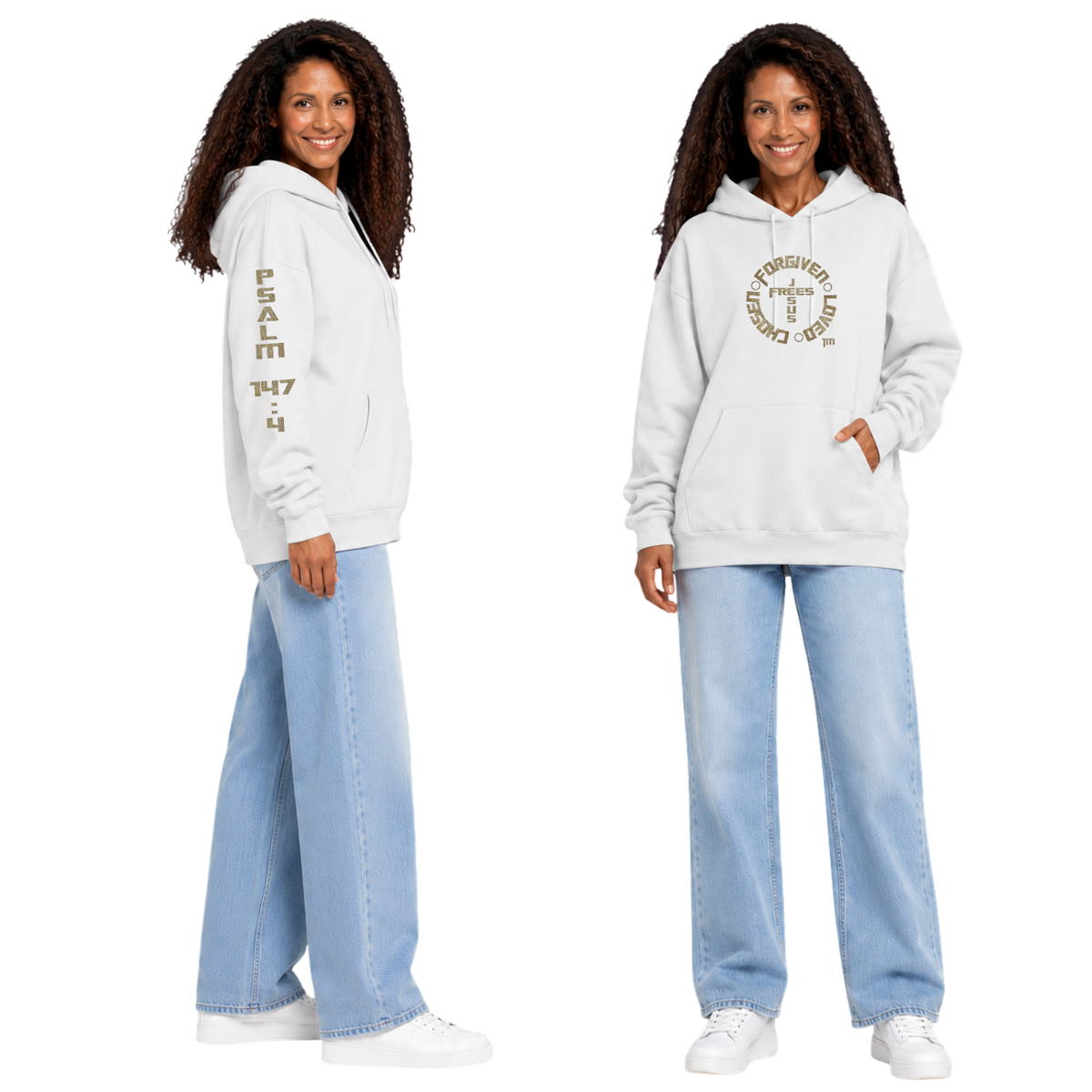 Jesus Frees™ Apparel | Women’s Scripture Hoodie | Font 153 Gold