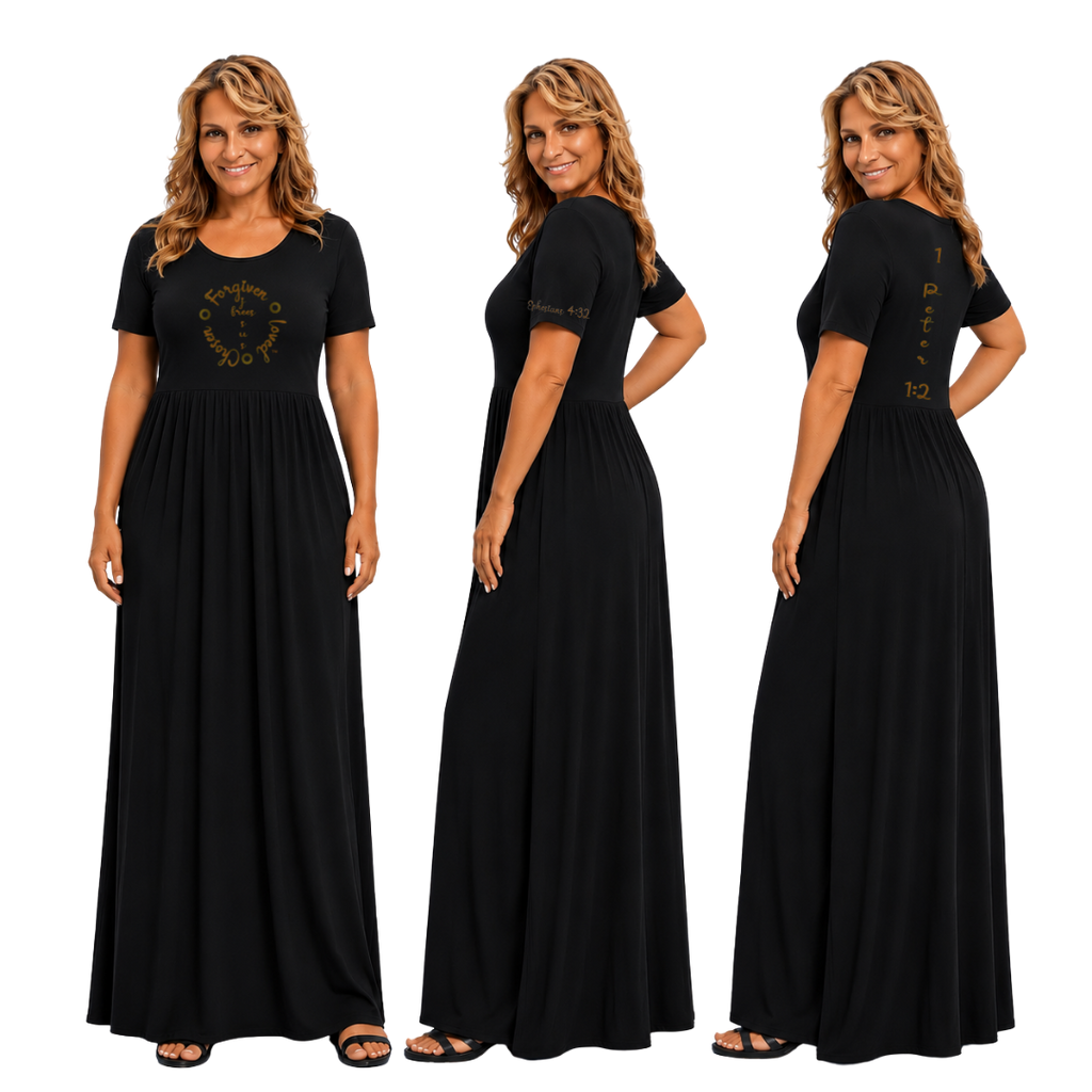 Jesus Frees - Long Maxi Dresses with Pockets - Short Sleeve - Font 223 Brown