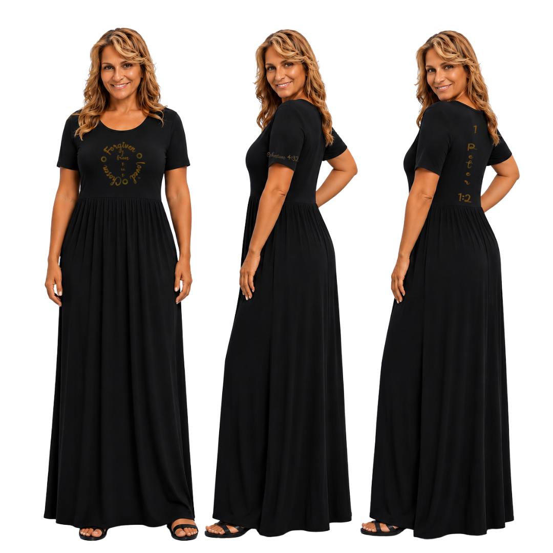 Jesus Frees - Long Maxi Dresses with Pockets - Short Sleeve - Font 223 Brown