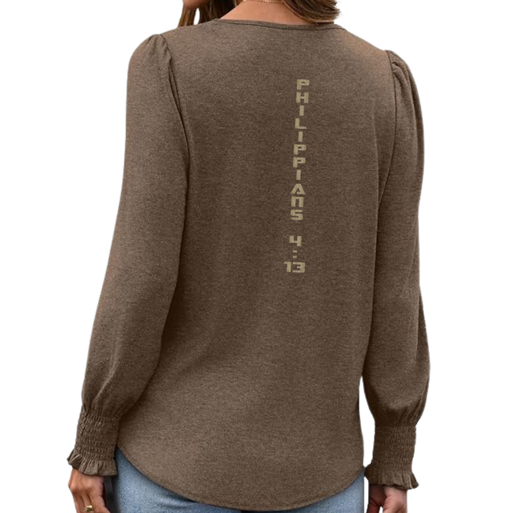 Jesus Frees™ Apparel | Women's Long Sleeve Scripture Shirt | Font 153 Gold with Glitter | XD
