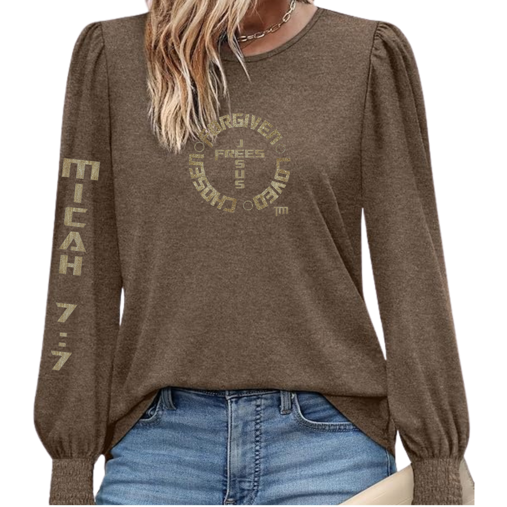 Jesus Frees™ Apparel | Women's Long Sleeve Scripture Shirt | Font 153 Gold with Glitter | XD