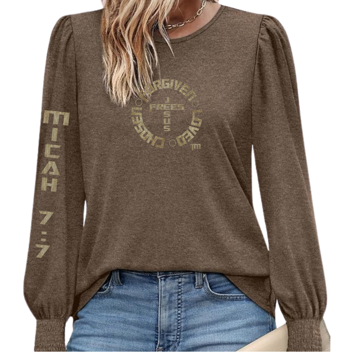 Jesus Frees™ Apparel | Women's Long Sleeve Scripture Shirt | Font 153 Gold with Glitter | XD