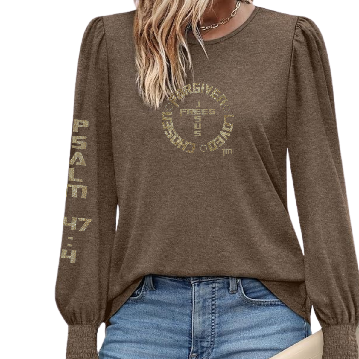 Jesus Frees™ Apparel | Women's Long Sleeve Scripture Shirt | Font 153 Gold with Glitter | XD