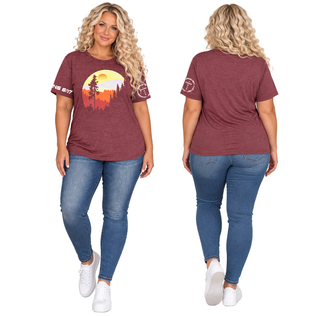 Jesus Frees™ Apparel | Women's Plus Size Vintage Sunset Scripture Shirt | Font 143 White |MK