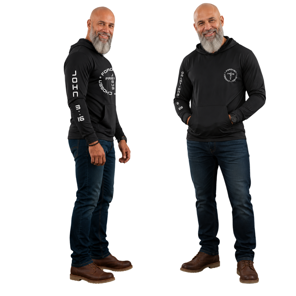 Jesus Frees Apparel Men's Christian Mesh Hoodie Black Font 49 White John 3:16 Scripture UPF 50 Kangaroo Pocket