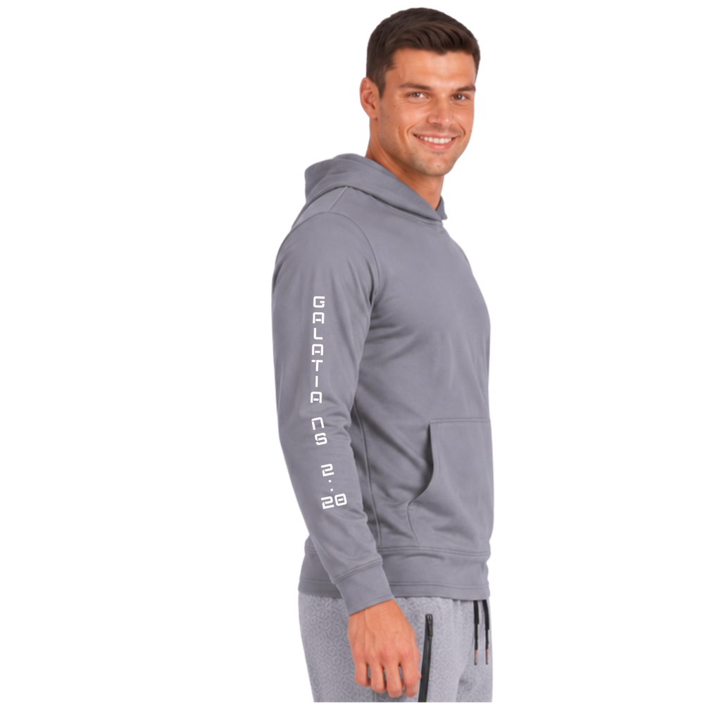 Jesus Frees Apparel Men's Christian Mesh Hoodie Gray Font 49 White Galatians 2:20 Scripture UPF 50 Pullover