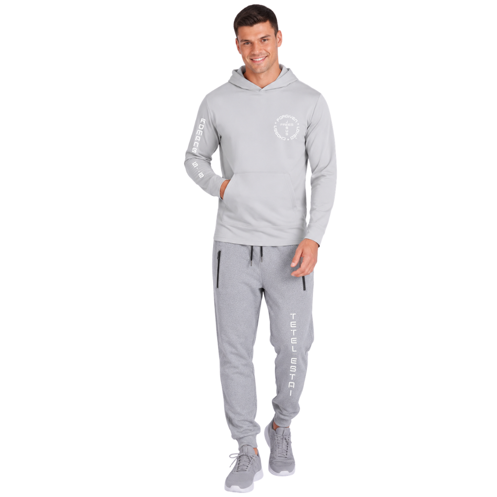 Jesus Frees Apparel Men's Christian Mesh Hoodie Light Gray Font 49 White Romans 5:8 Scripture UPF 50 Pullover