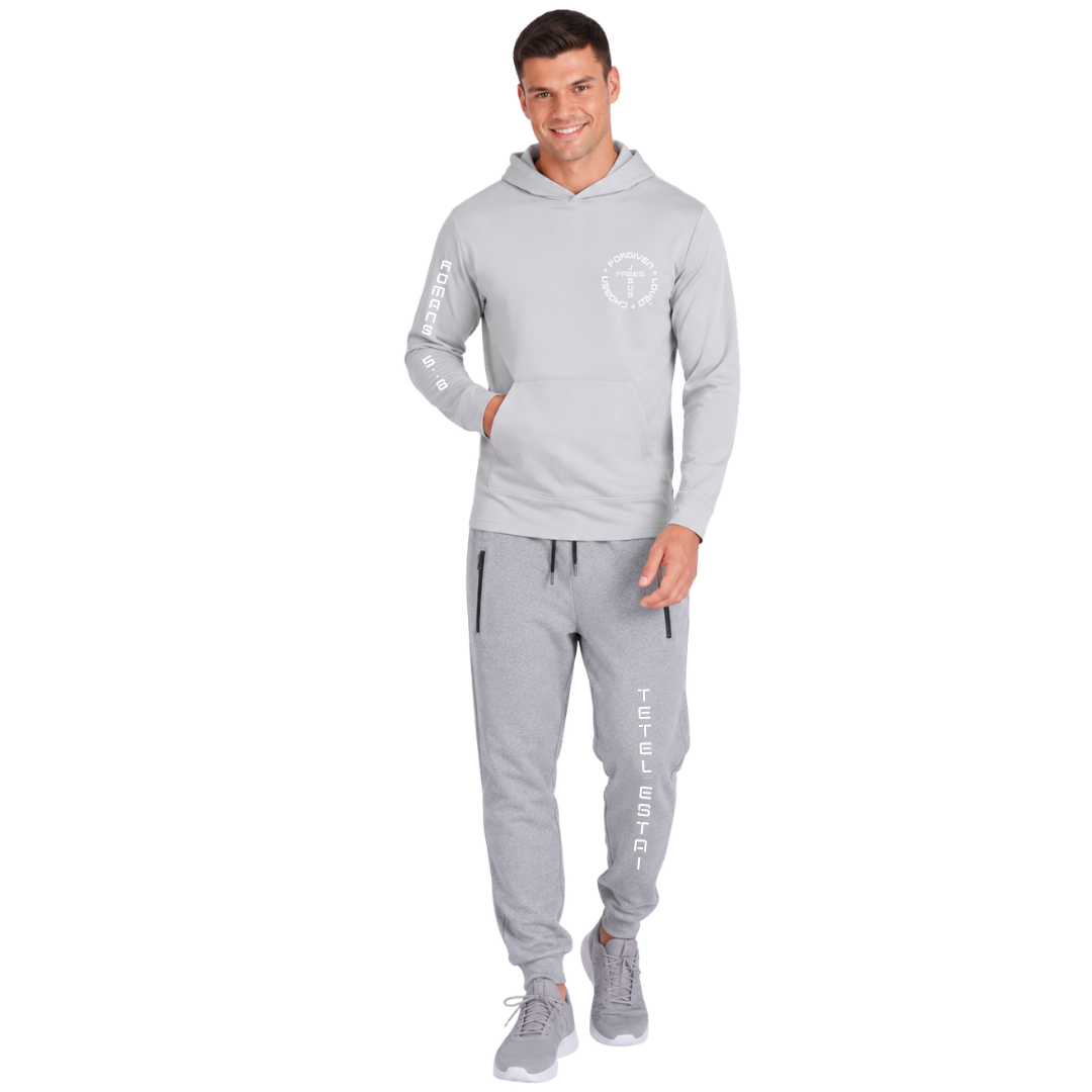 Jesus Frees Apparel Men's Christian Mesh Hoodie Light Gray Font 49 White Romans 5:8 Scripture UPF 50 Pullover