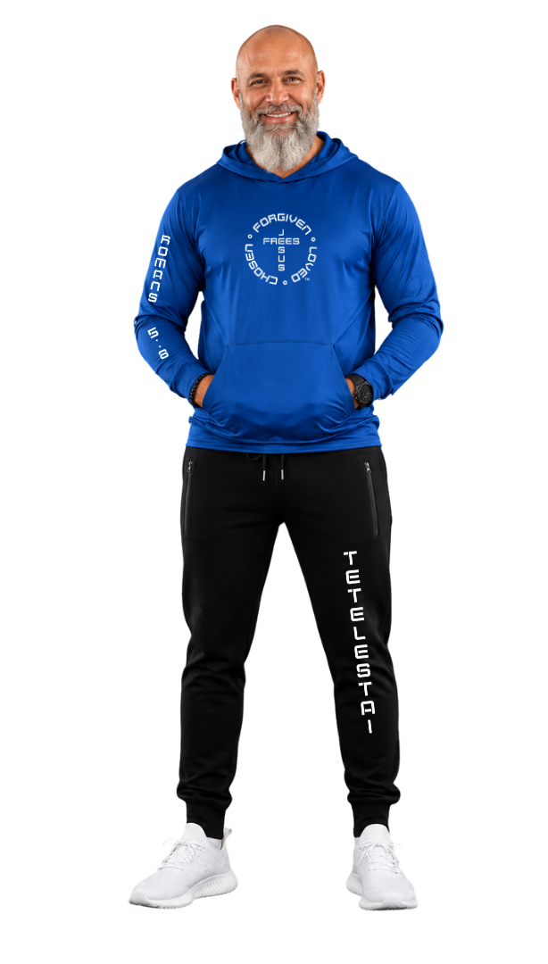 Jesus Frees Apparel Men's Christian Mesh Hoodie Royal Blue Font 49 White Romans 5:8 Scripture UPF 50 Pullover