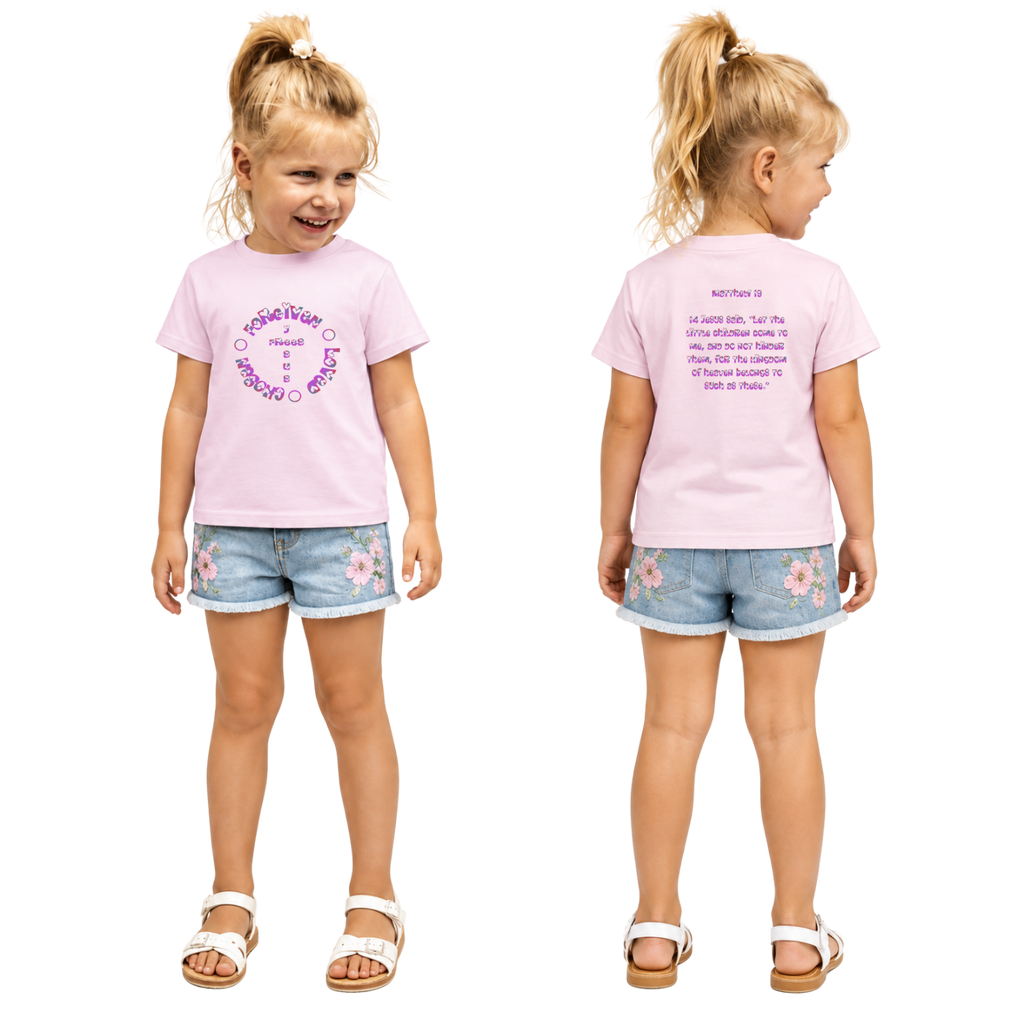 Jesus Frees - Kids 100% Cotton T-Shirts Girls - Font 58 Hearts Matthew 19:14 Pink-Purple Fade