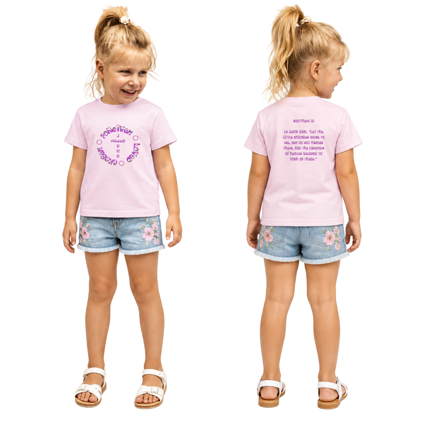 Jesus Frees - Kids 100% Cotton T-Shirts Girls - Font 58 Hearts Matthew 19:14 Pink-Purple Fade