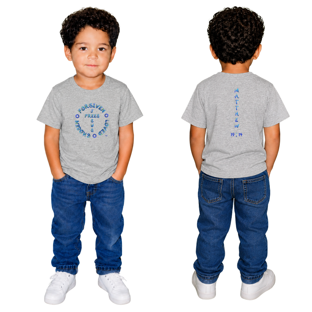 Jesus Frees - Kids 100% Cotton T-Shirts Boys - Font 97 Paws Matthew 19:14 Blue Green Fade