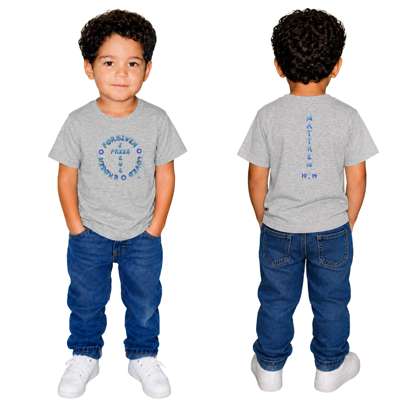 Jesus Frees - Kids 100% Cotton T-Shirts Boys - Font 97 Paws Matthew 19:14 Blue Green Fade